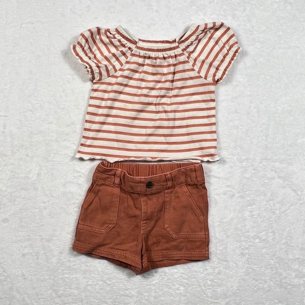 Cat & Jack Toddler Girls 18M Orange Striped Top and Shorts 2pc Outfit Set